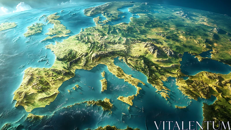 Rendered oblique satellite-style view depicts Europe region