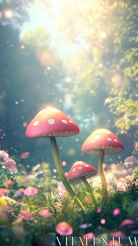 Digital painting of luminous forest mushrooms with bokeh light.