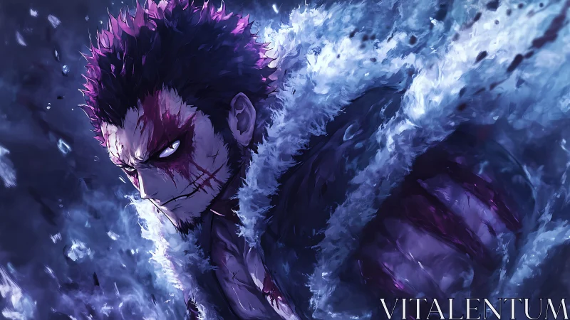 Brooding anime antihero in icy, high-contrast digital painting.