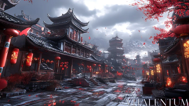 Lantern lit mountain street glowing under stormy skies.