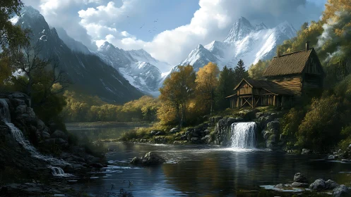 Mountain hideaway by twin waterfalls in golden autumn light.