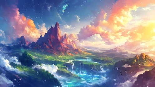 Digital painting of luminous fantasy mountains and cascades.