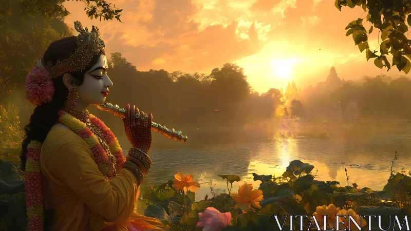 Divine flute player beside calm river at golden sunrise.