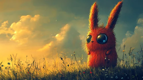 Bioluminescent orange bunny creature in sunset meadow panorama