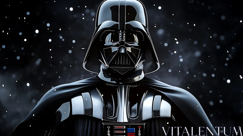 Black armored sci‑fi villain in dramatic snowy close‑up.