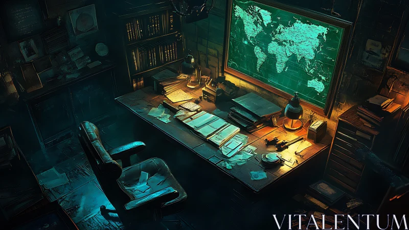 Dimly lit study with world map and cluttered wooden desk.
