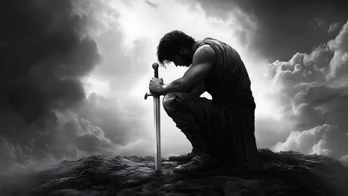 Warrior kneels with sword under stormy sky in grayscale