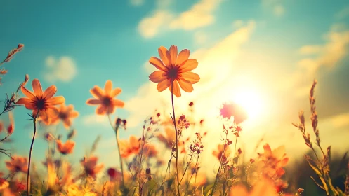 Sunlit meadow blooms bask in dreamy golden hour glow.