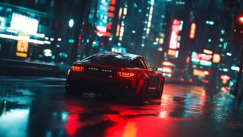 Sports car drives through wet neon city street at night