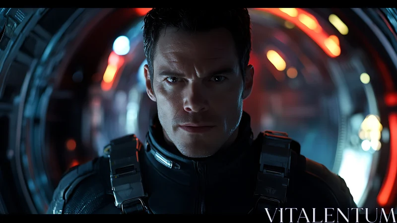 Male figure in dark exosuit inside illuminated corridor.