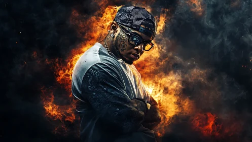 Tattooed man in cap and glasses against fiery backdrop.