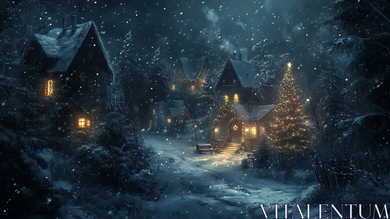 Snowy cottage lane glowing with cozy winter lights.