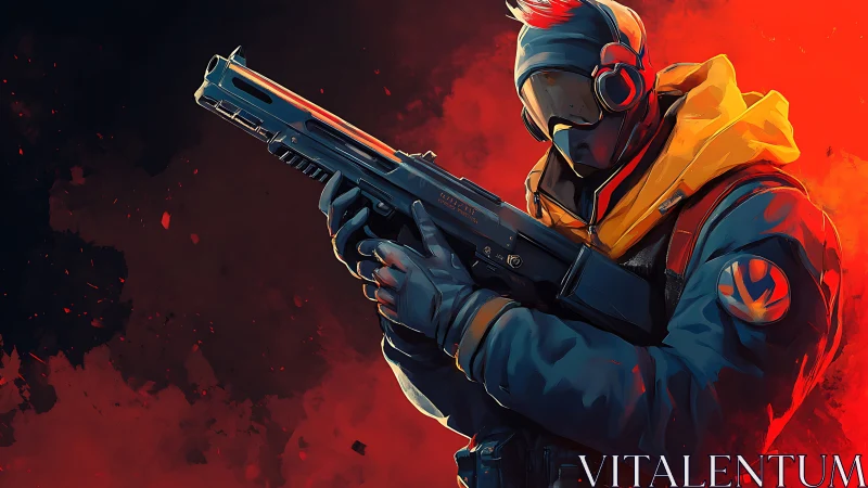 Armed futuristic soldier in stylized red and blue armor.