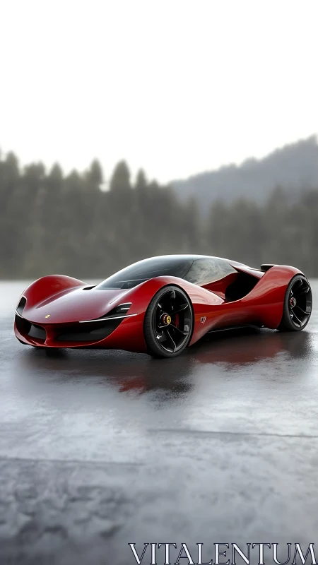 Red concept supercar is parked on a wet reflective surface