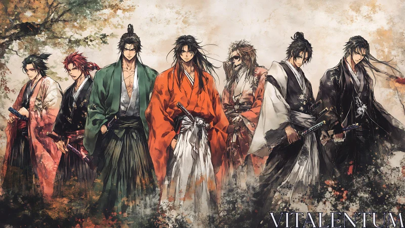 Seven solemn samurai stand united in misty autumn light