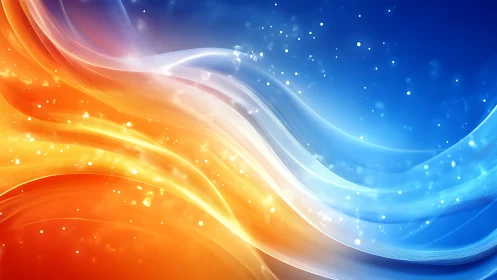 Dynamic orange and blue energy waves intersect with luminous particles