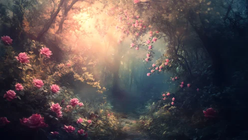 Enchanted rose garden bathed in golden sunlight through misty forest.