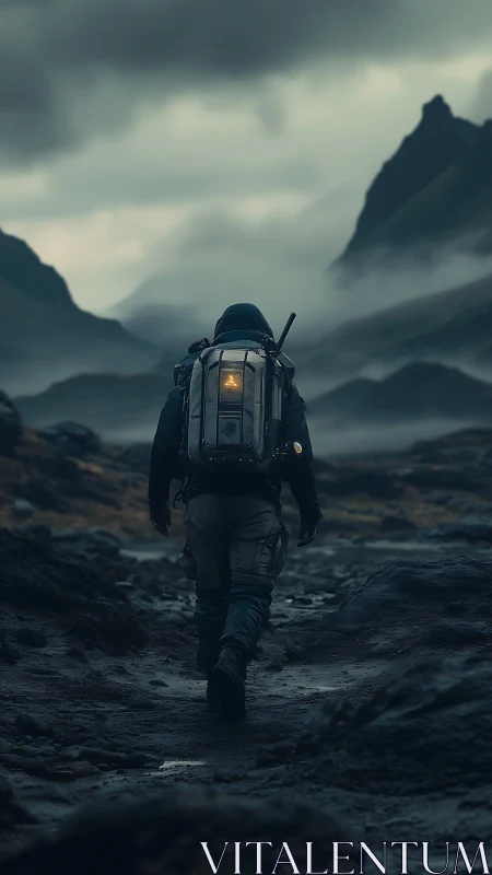 Lone explorer trekking through misty volcanic valley at dusk.