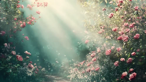 Sunbeams illuminate a romantic rose garden in soft focus