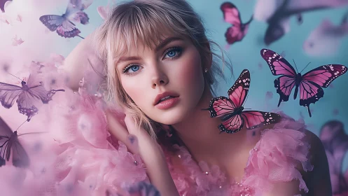 High-detail pastel portrait of blonde woman with pink butterflies