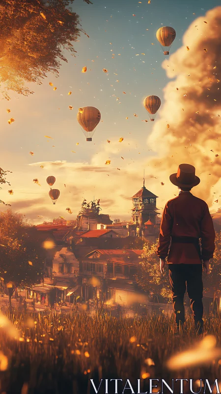 Sunlit town dreams with drifting hot air balloons at dusk.