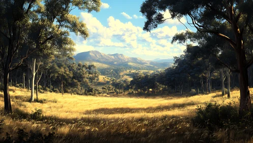 Sunlit grassland opens toward distant blue mountain ridge