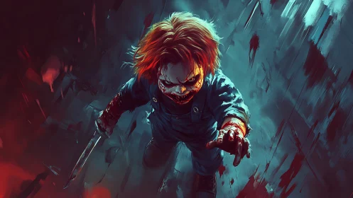 Tiny terror lunges upward through a storm of painted blood