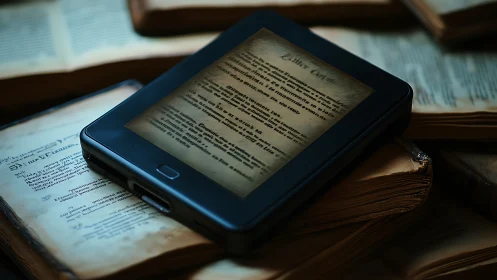 Digital Page Turner: E-reader Nestled Among Forgotten Paper Tomes.