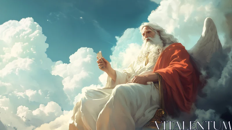 Cloudborne elder angel scrolls a divine smartphone message.
