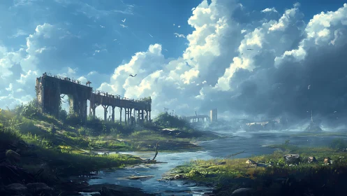 Sunlit ruins along a quiet river after the storm.