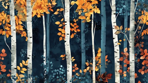 Whispering birch chorus wrapped in midnight autumn glow.