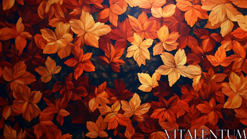 Dense pattern of layered orange autumn leaves on dark ground.