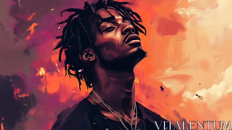 Portrait in rising ember light with expressive digital strokes.