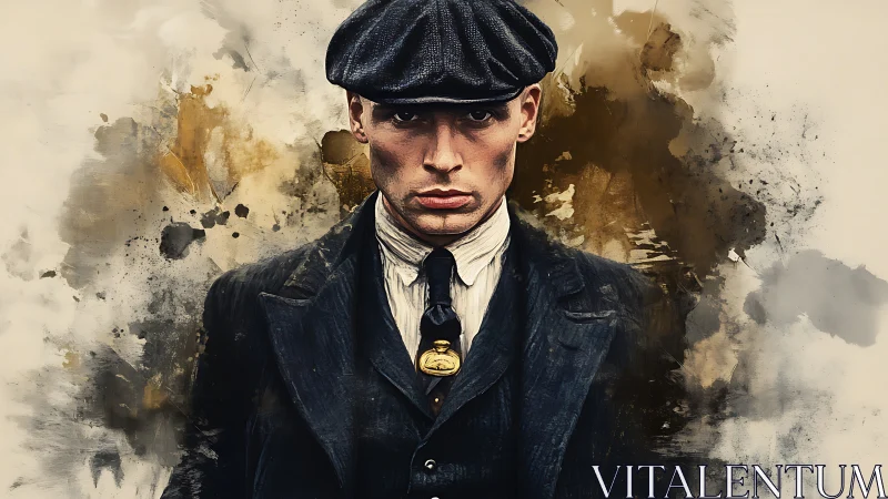 Stoic man in flat cap against abstract painted background.