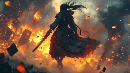 Silhouetted sword figure in burning high-rise cityscape.