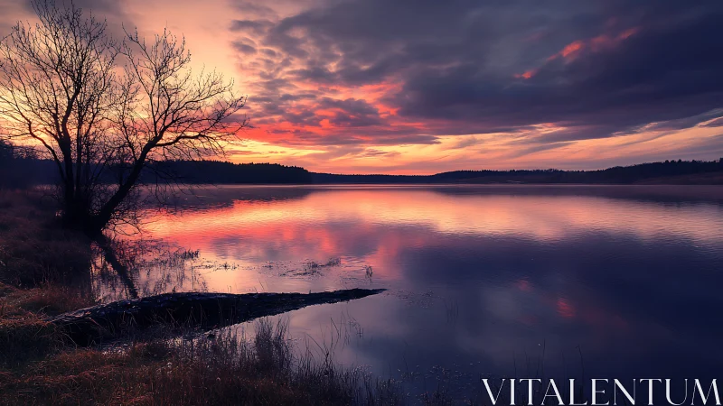 Twilight lake panorama with bare shoreline tree and vivid clouds
