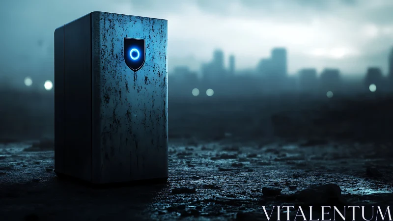 Monolithic security server glowing in foggy cyber skyline.