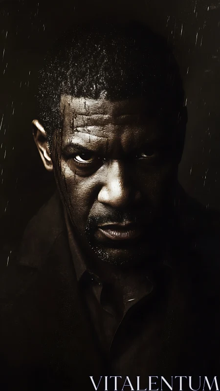 Moody low-key portrait isolates intense male face in rain