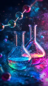 Chromatic laboratory flasks with molecular chain in neon vapor