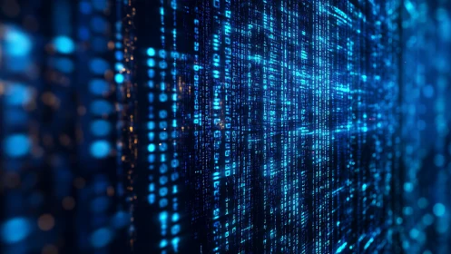 Shimmering blue data streams glow in a digital nightscape.