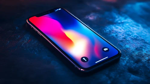 Premium smartphone with gradient color display rendering vibrant neon aesthetic composition