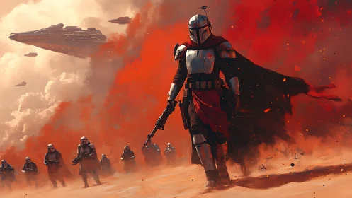 Armored commander advances through red dust under capital ships