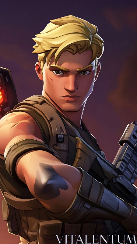 Blond battle hero locks a steady gaze at twilight skies.