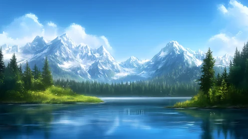 Snowcapped mountain lake under clear blue summer sky.