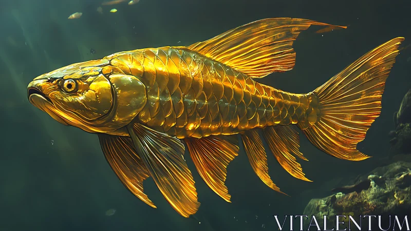 Sunken gold dragonfish glides through emerald twilight depths.