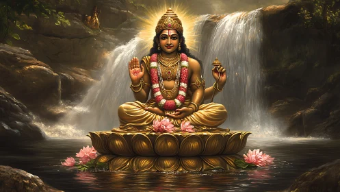 Hindu deity seated on lotus before twin waterfall scene.
