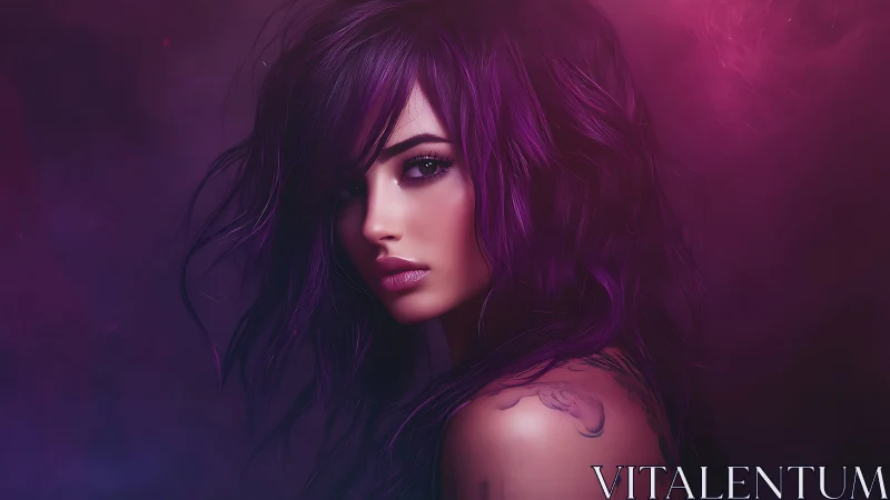 Violet haired portrait in neon magenta atmospheric lighting