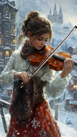 Young violinist performing in snowy European winter street