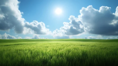 Sunlit green meadow under deep blue sky and cumulus clouds