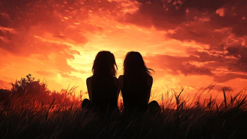 Two silhouettes trading secrets with a wildfire sunset sky.